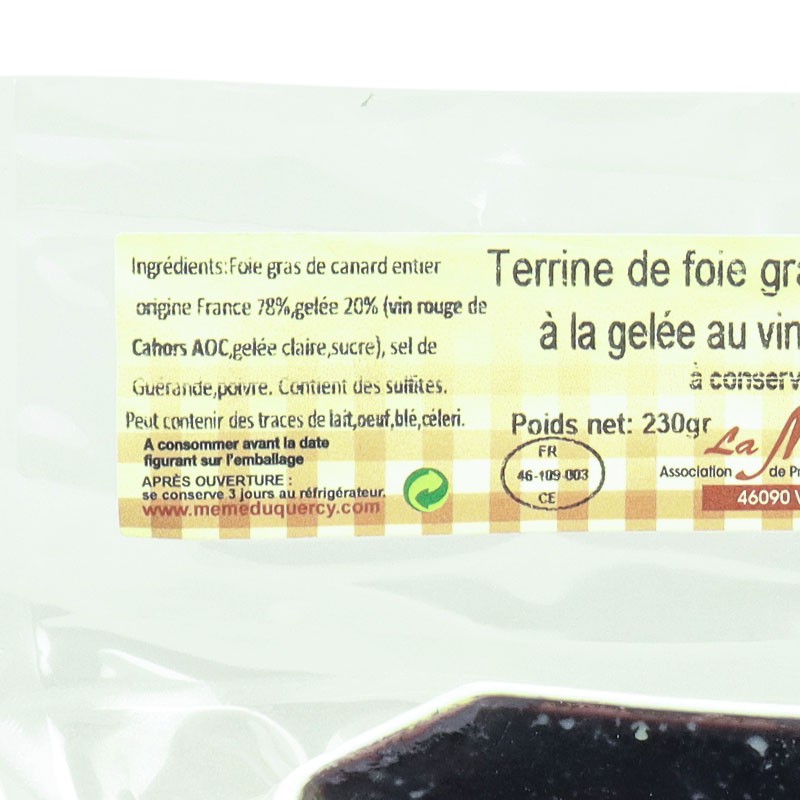 étiquette composition terrine de foie gras de canard aux vins de Cahors